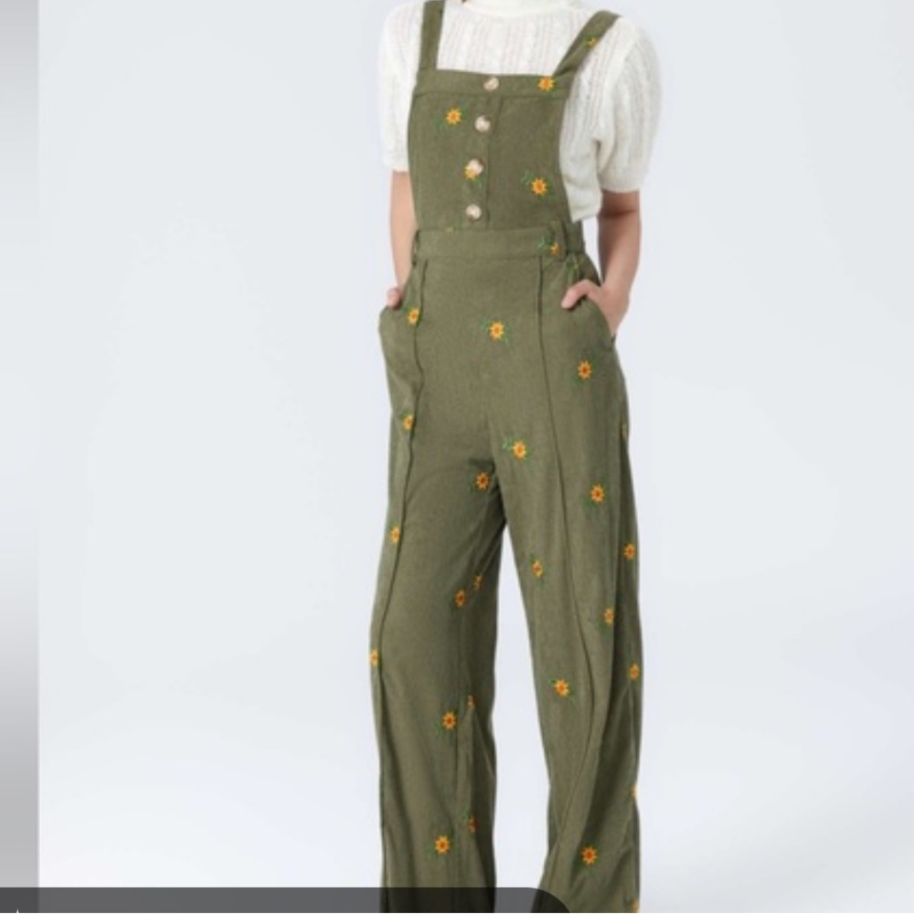 Cider Olive Green Corduroy Floral Embroidered Jumpsuit - Size L